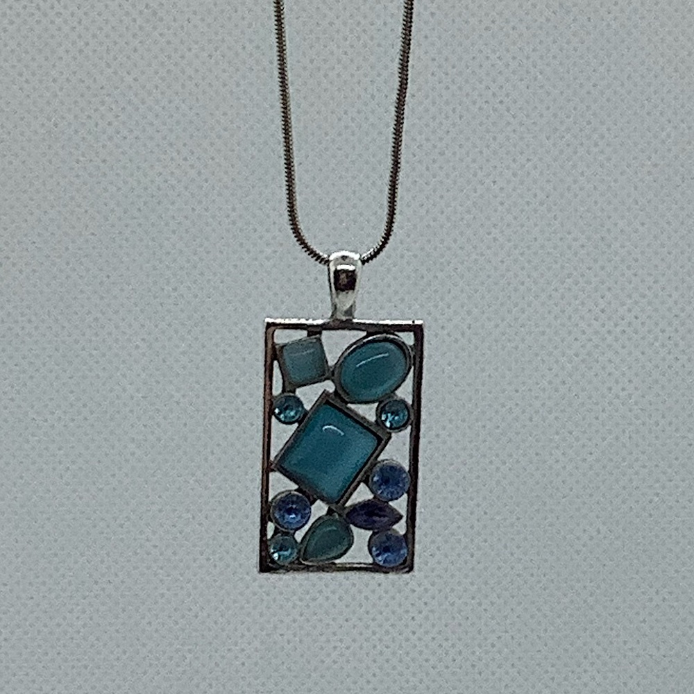 Silver & Blue Stone Open Rectangular Pendant and Chain
